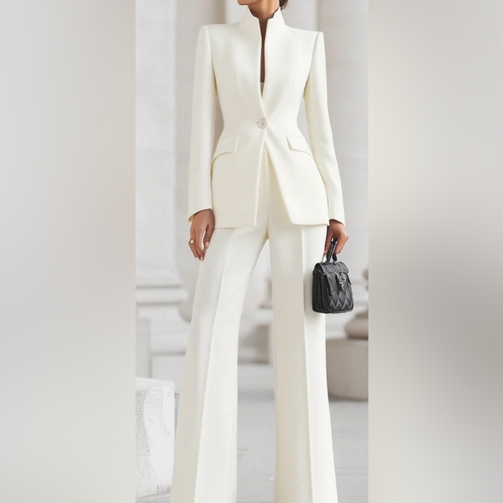 Elegant Women's Cream Trousers - Tailored High-Waist Wide-Leg Pants